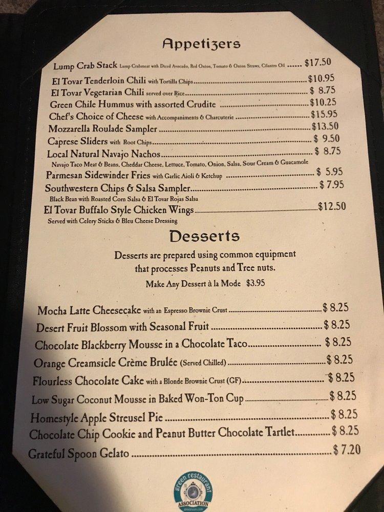 Menu at El Tovar Dining Room pub & bar, Grand Canyon Village, 1 El Tovar Rd