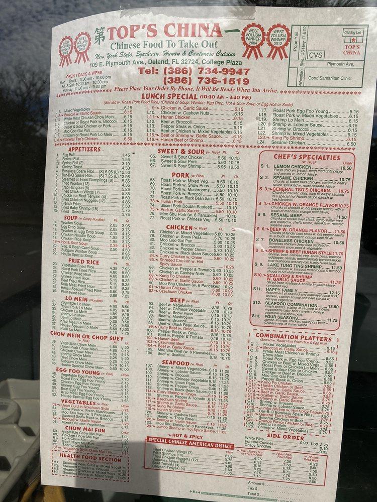 Menu at Top's China restaurant, DeLand