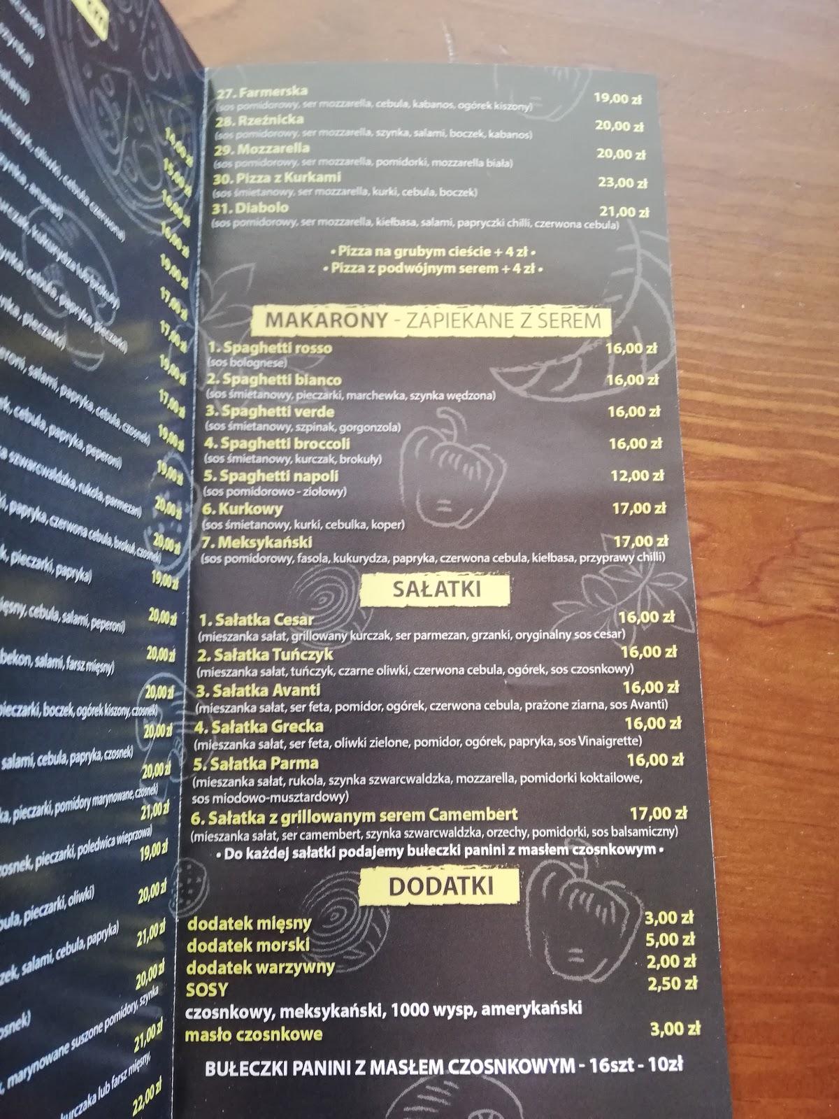 Menu at Pizzeria Avanti, Drezdenko