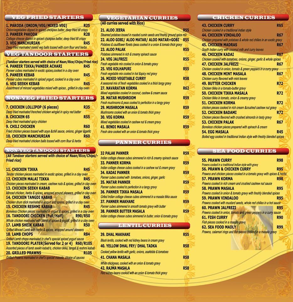 Menu at SWAGATH INDIAN CUISINE restaurant, Johannesburg, HONEY CREST ...