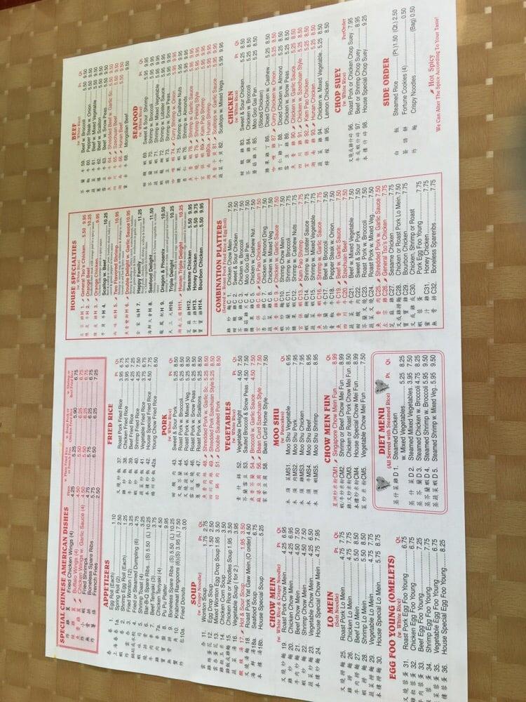 Menu at Lin's express restaurant, Plant City