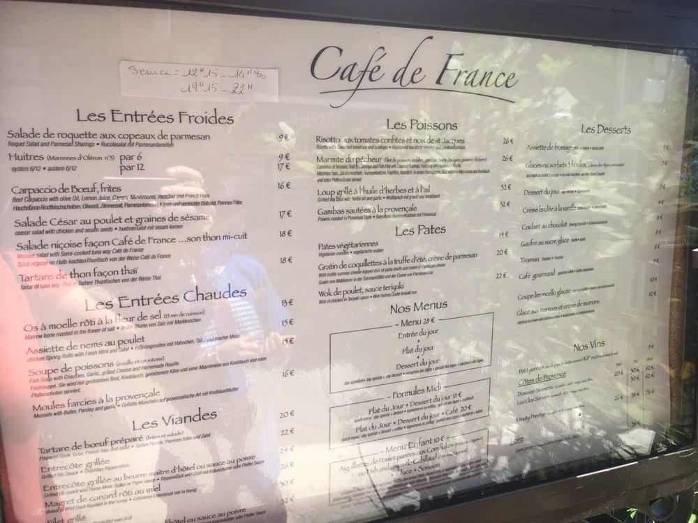 Menu at Café de France, Grimaud