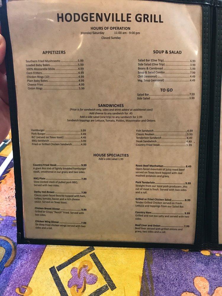 Menu at Hodgenville Grill restaurant, Hodgenville