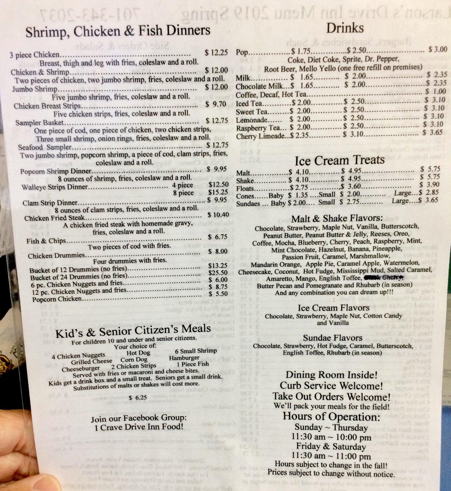 Menu at Larson's DriveInn restaurant, Larimore
