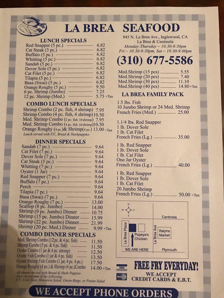 Carta del restaurante La Brea Seafood, Inglewood