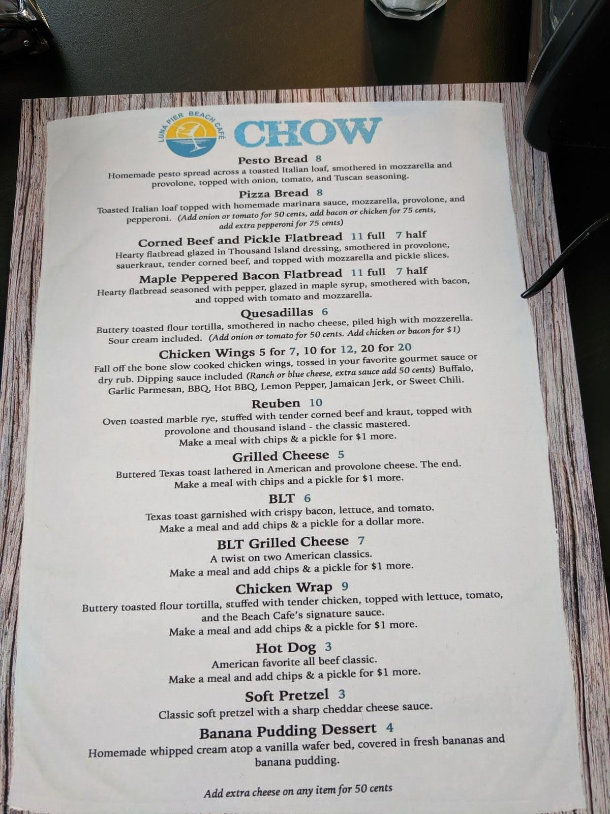 Menu at Luna Pier Beach Cafe, Luna Pier