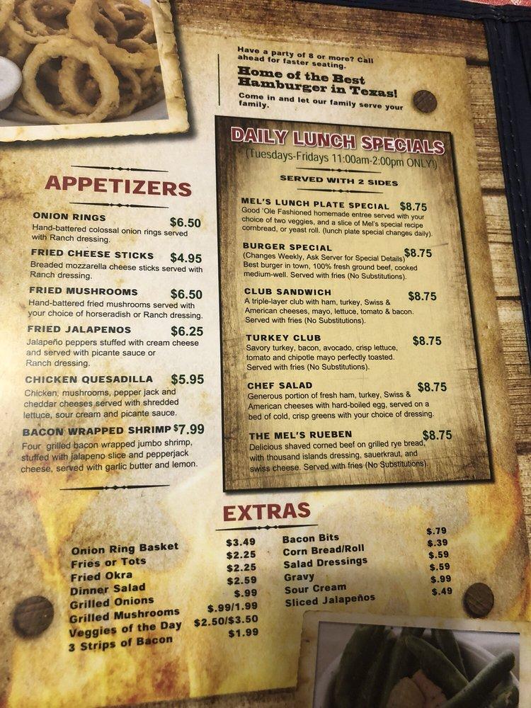 Menu at Mel's Country Cafe, Tomball