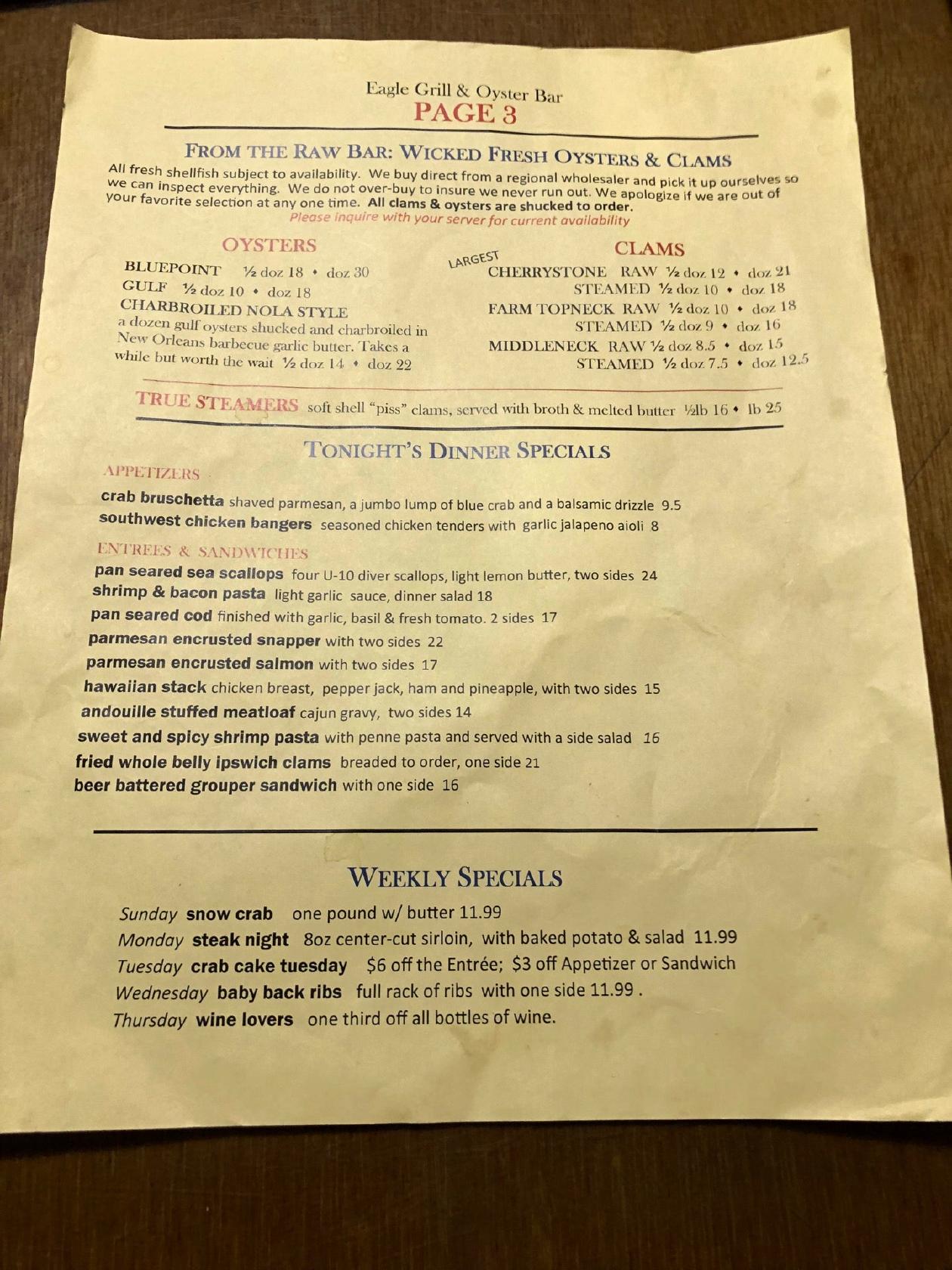 Menu at Eagle Grill & Oyster Bar, Greenacres