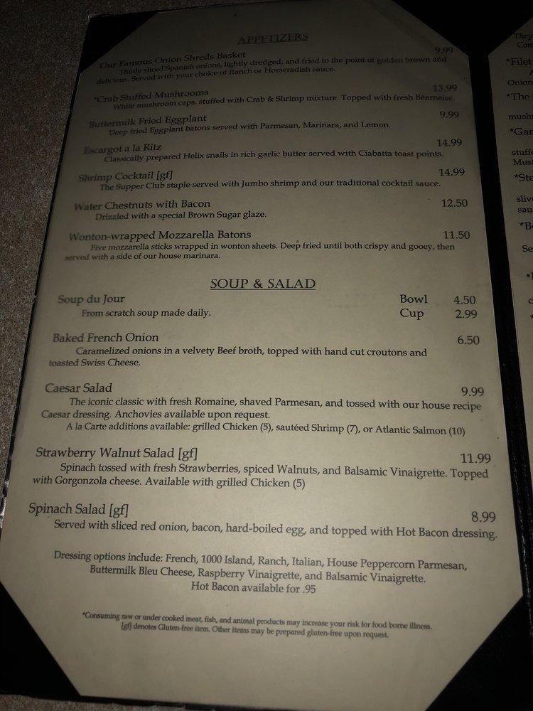 Menu at The Packing House steakhouse, Milwaukee