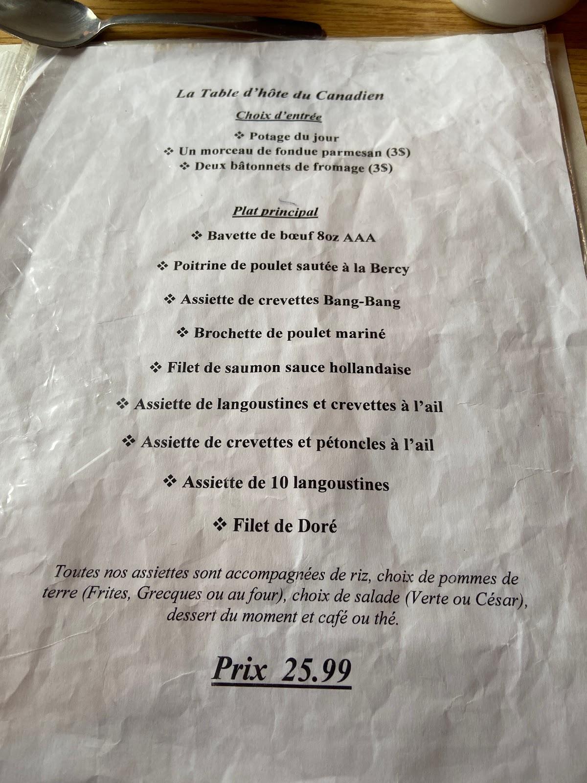 Menu au Restaurant Le Canadien, NotreDameduBonConseil