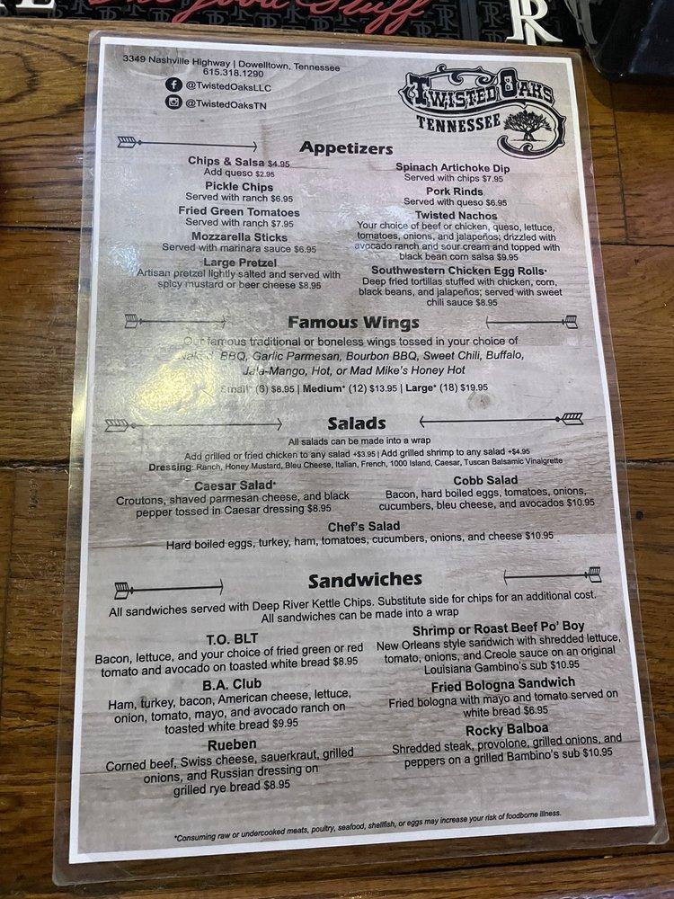 Menu at Twisted Oaks pub & bar, Smithville
