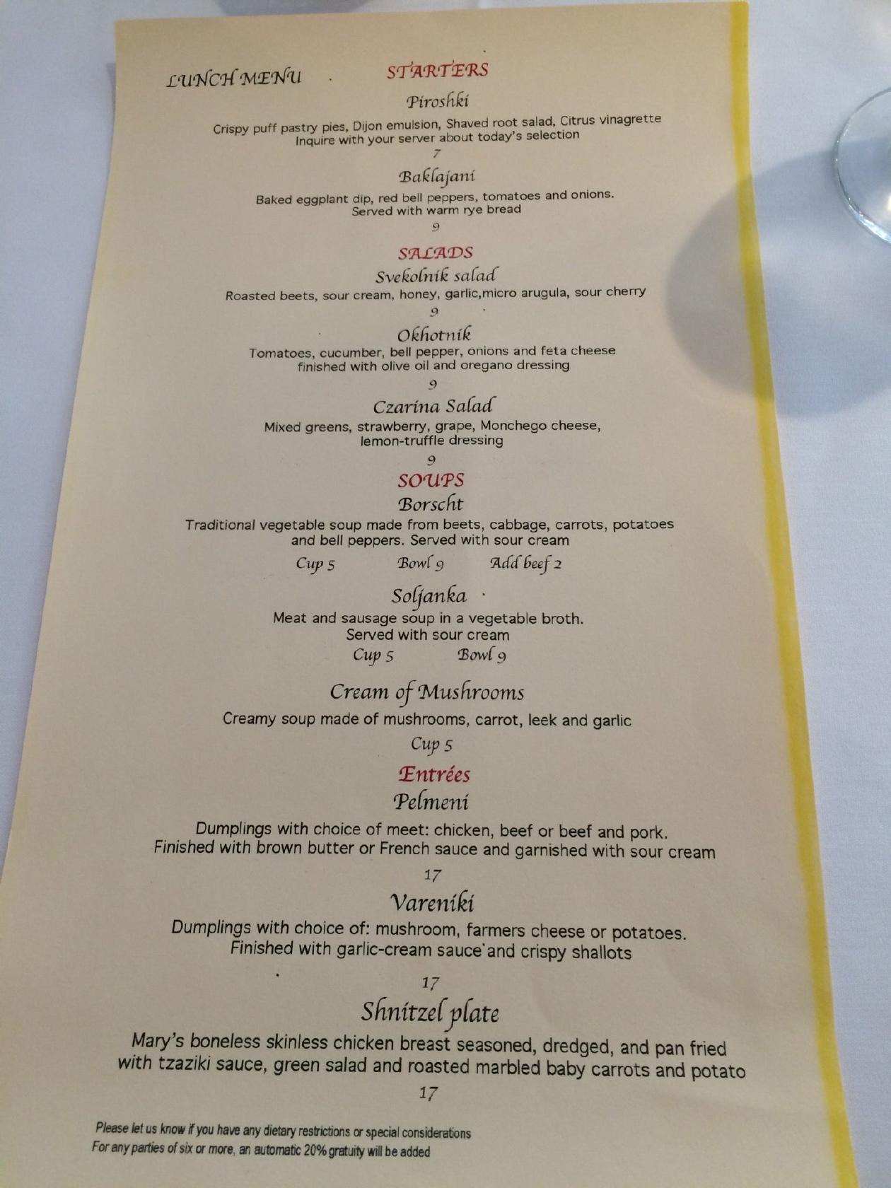 Menu at Babushka Restaurant, Walnut Creek