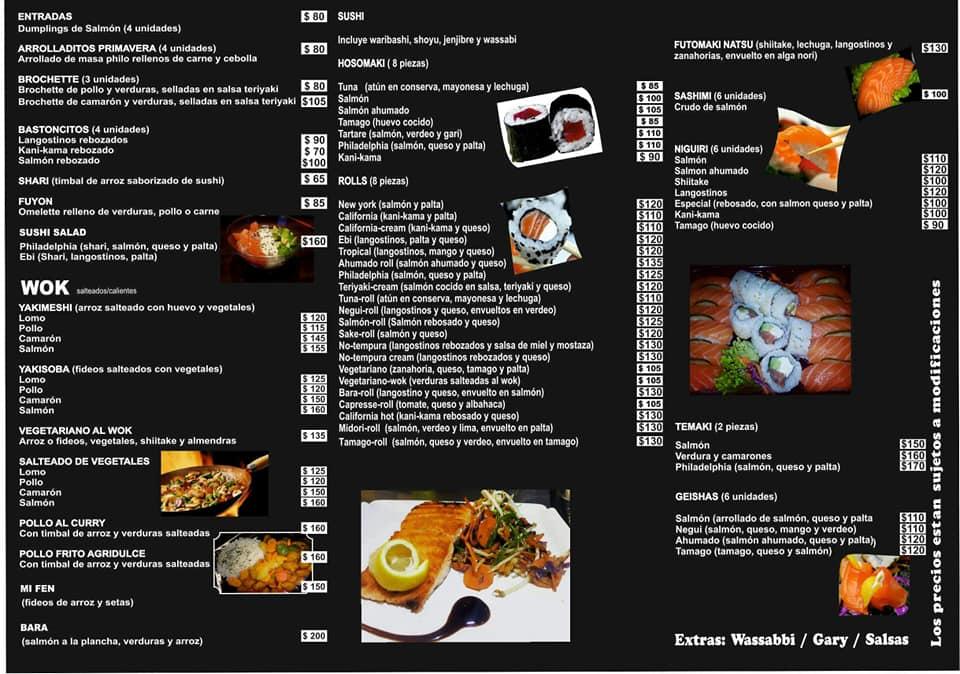 Carta del restaurante Shiitake, San Antonio del Padua
