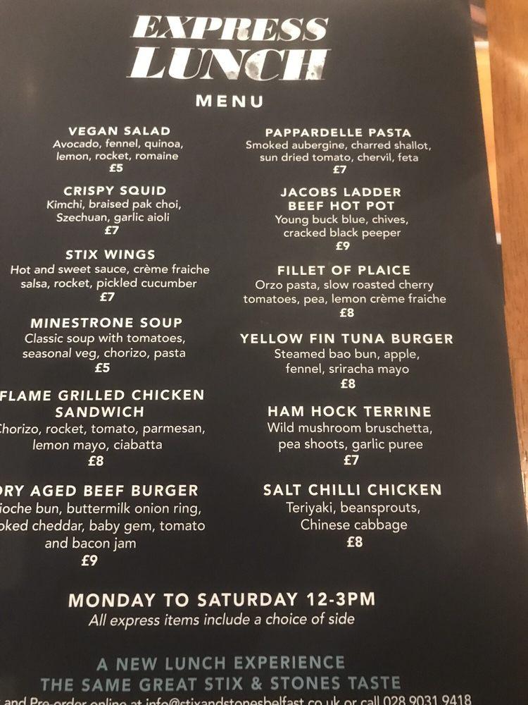 Menu at Stix and Stones City Centre steakhouse, Belfast