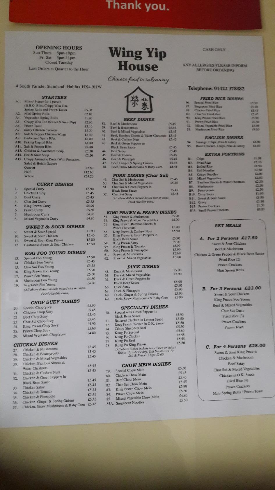 Menu At Wing Yip Chinese Takeaway Halifax