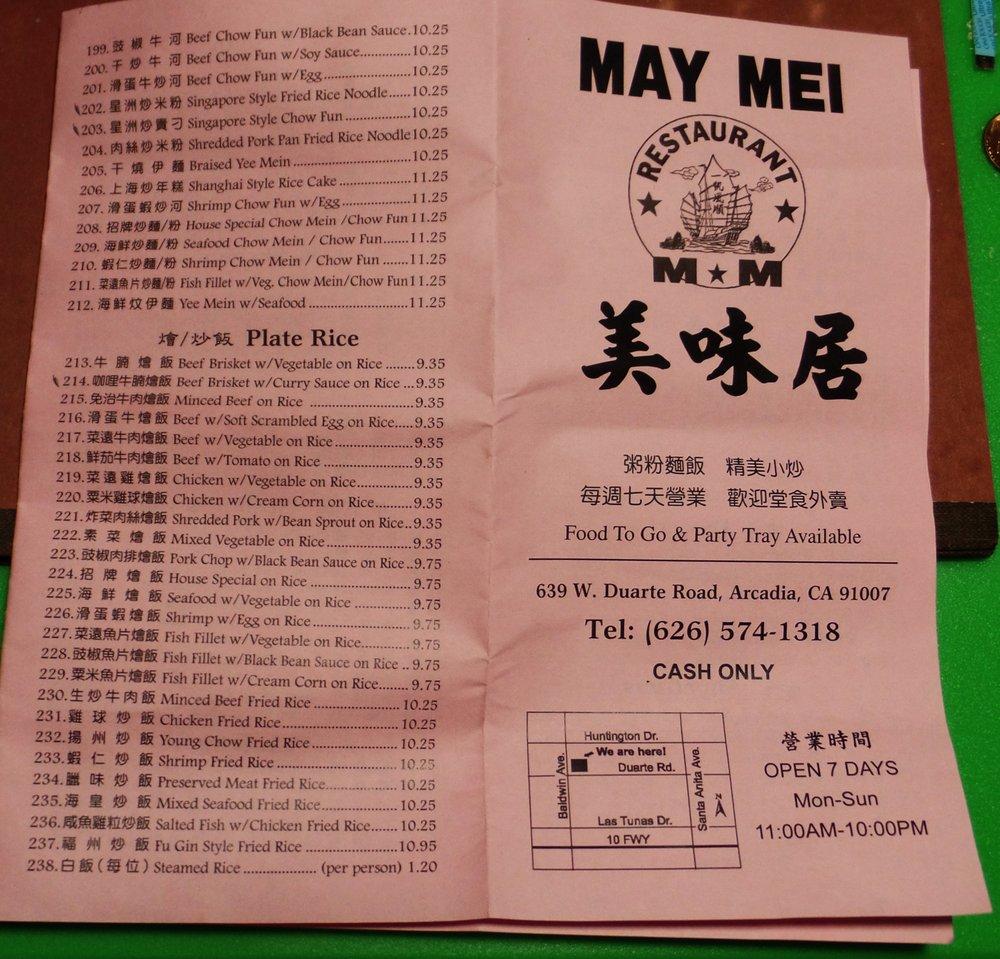 Carta de May Mei Cantonese Restaurant, Arcadia