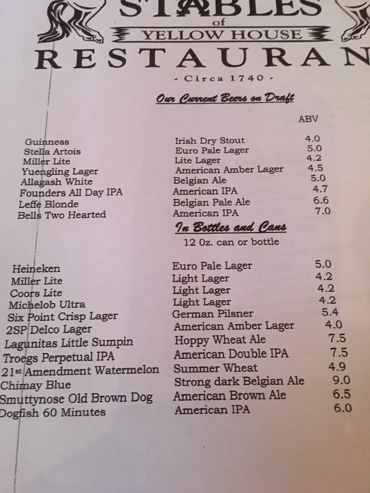 Menu at The Stables of Yellow House restaurant, Glen Mills