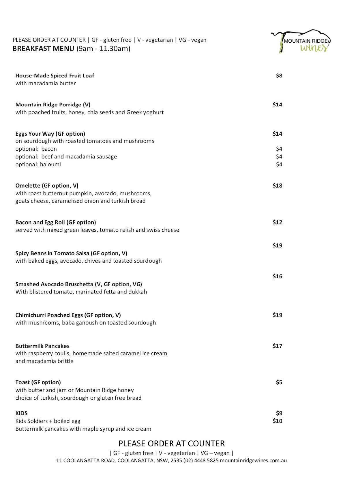 Menu at Mountain Ridge Wines Restaurant & Cellar Door, Coolangatta