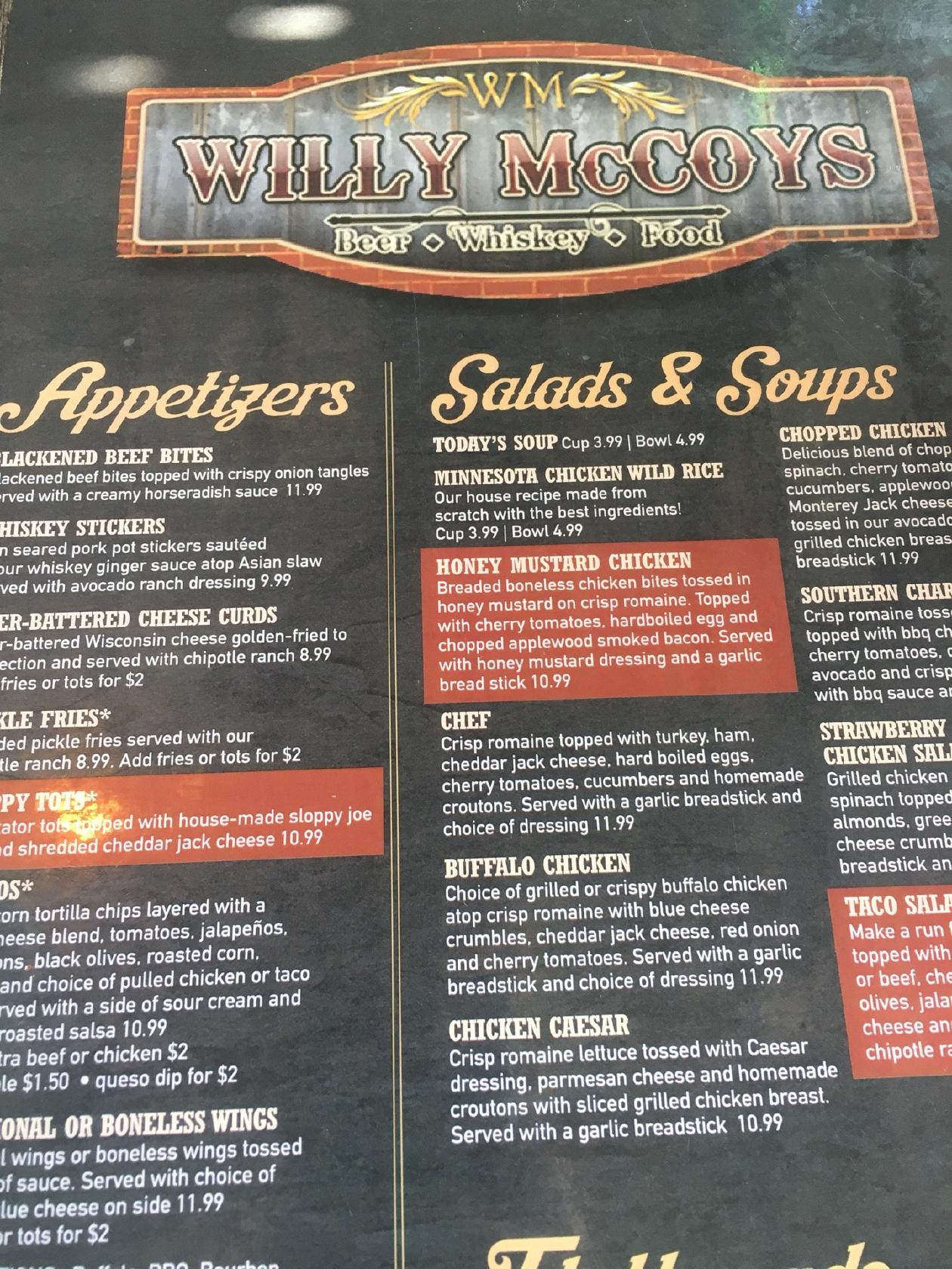 Menu at Willy McCoys pub & bar, Bloomington, France Ave S