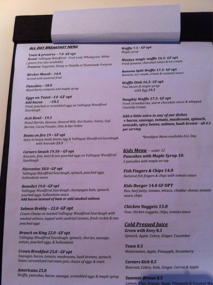 Menu at Corners on King Cafe, Bunbury