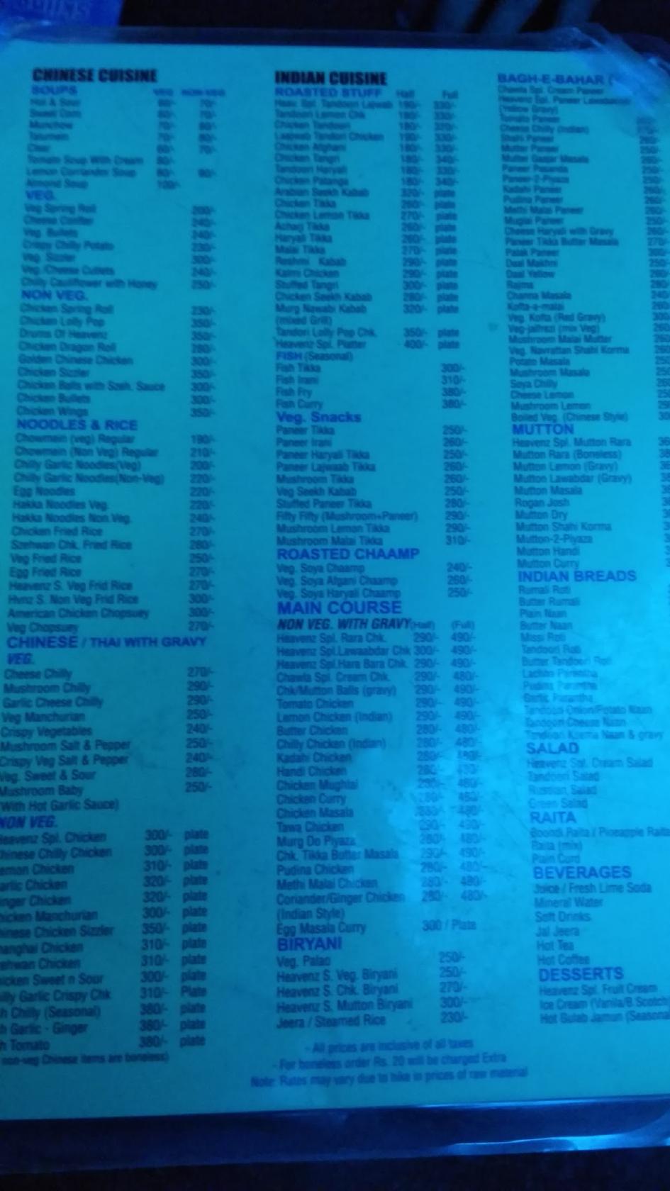 Chawla’s Heavenz fine dine menu