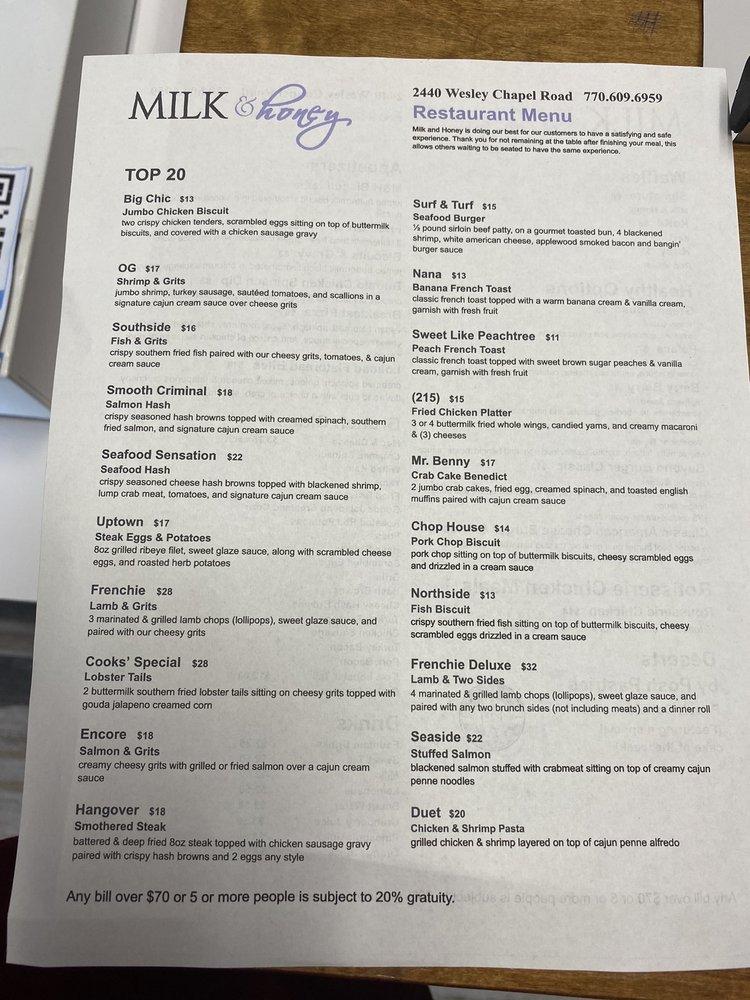 Menu at Milk & Honey Restaurant at Wesley Chapel, CandlerMcAfee