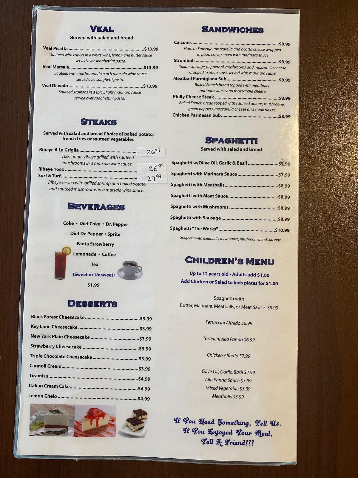 Menu at Roma Italian Restaurant, Hugo