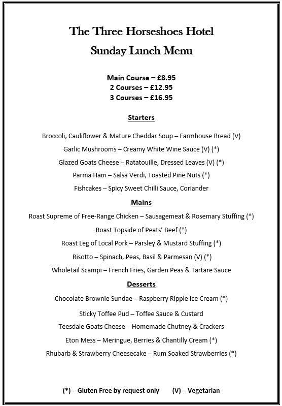 Menu at Three Horseshoes Hotel pub & bar, Barnard Castle