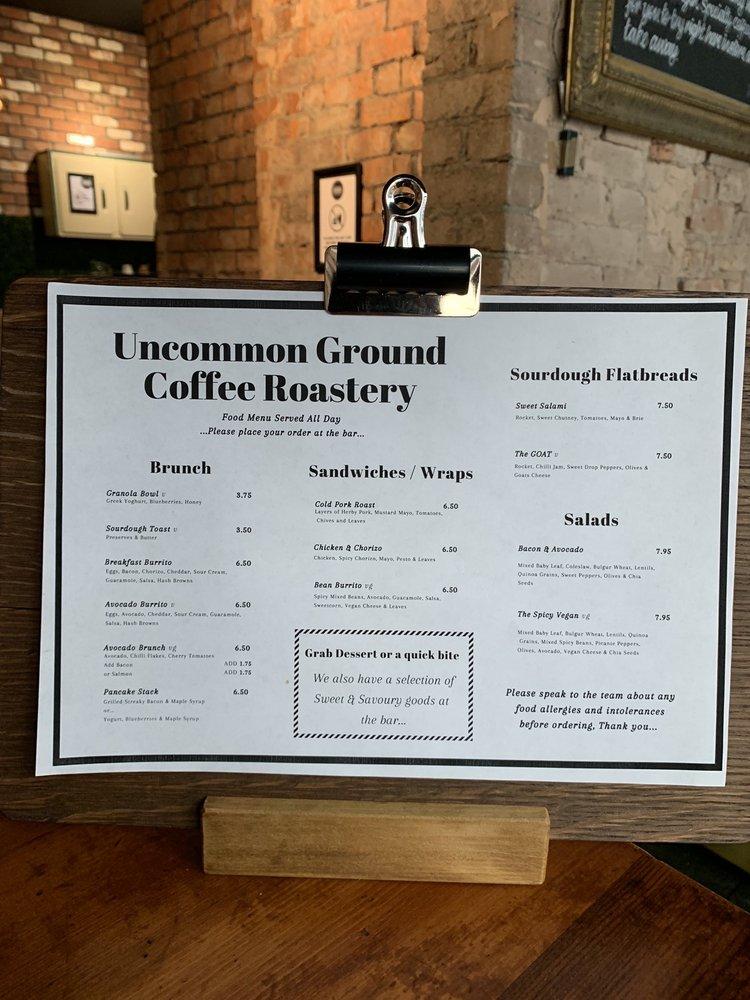 Menu at Uncommon Ground Coffee Roastery cafe, Cardiff, 10-12 Royal Arcade