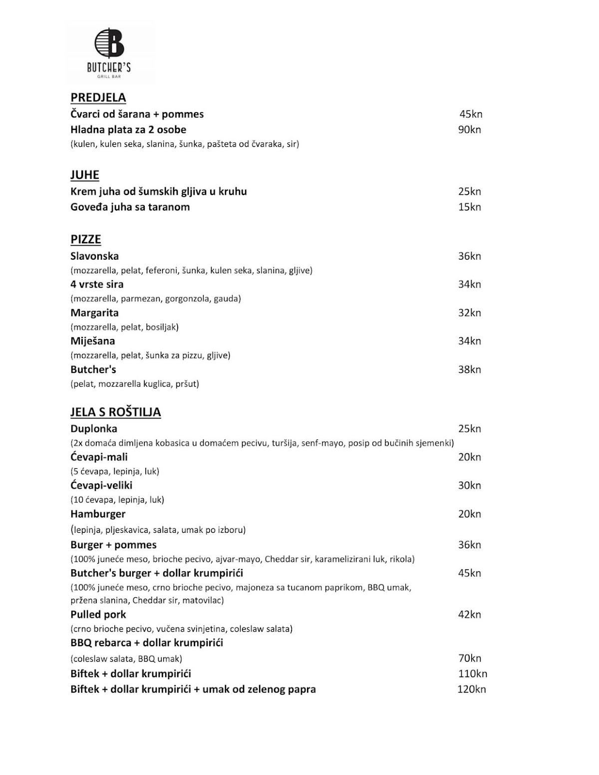 Menu at Butcher's Grill Bar, Oriovac