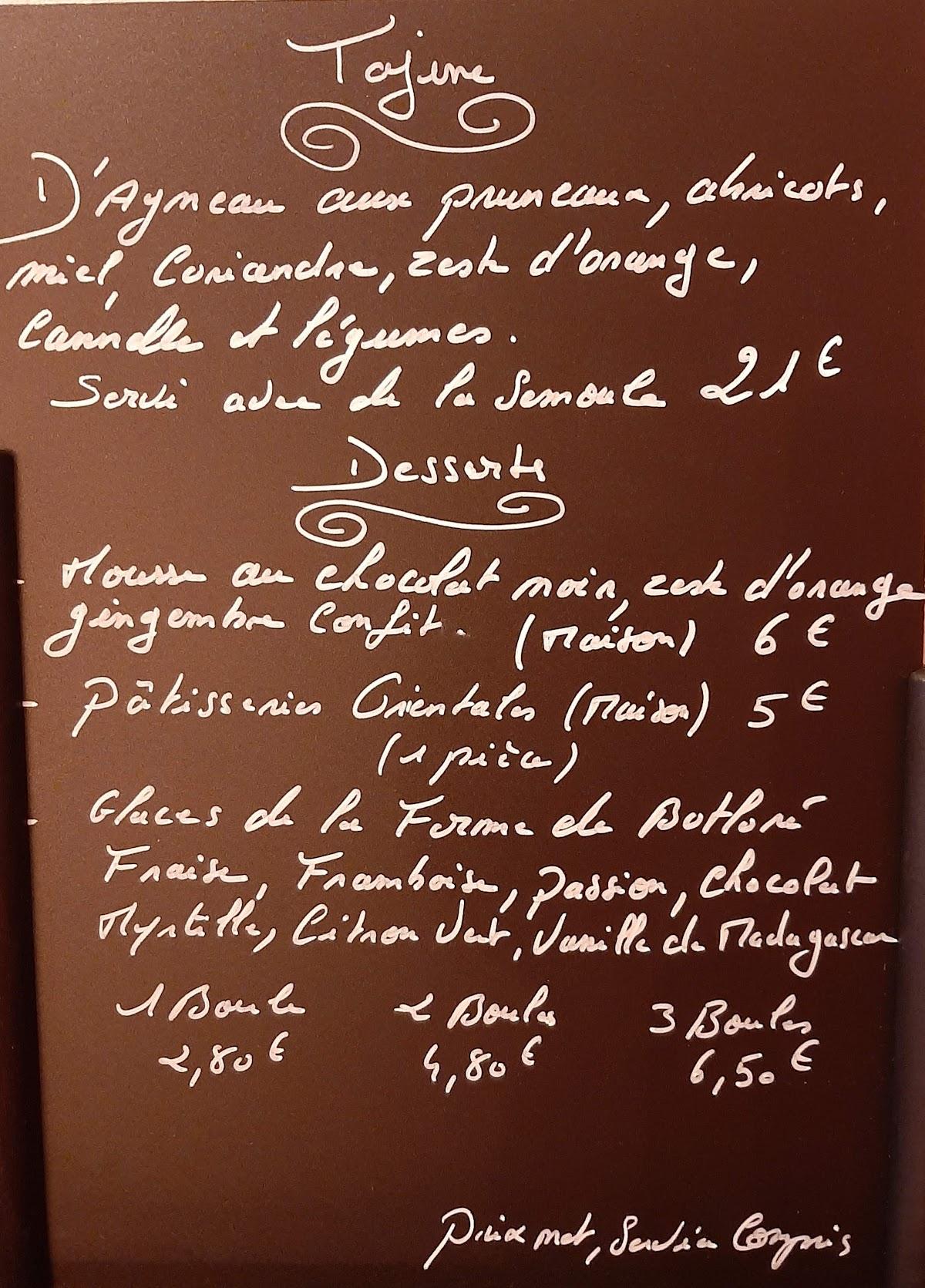 Menu au Kahina Restaurant Berbère, Vannes