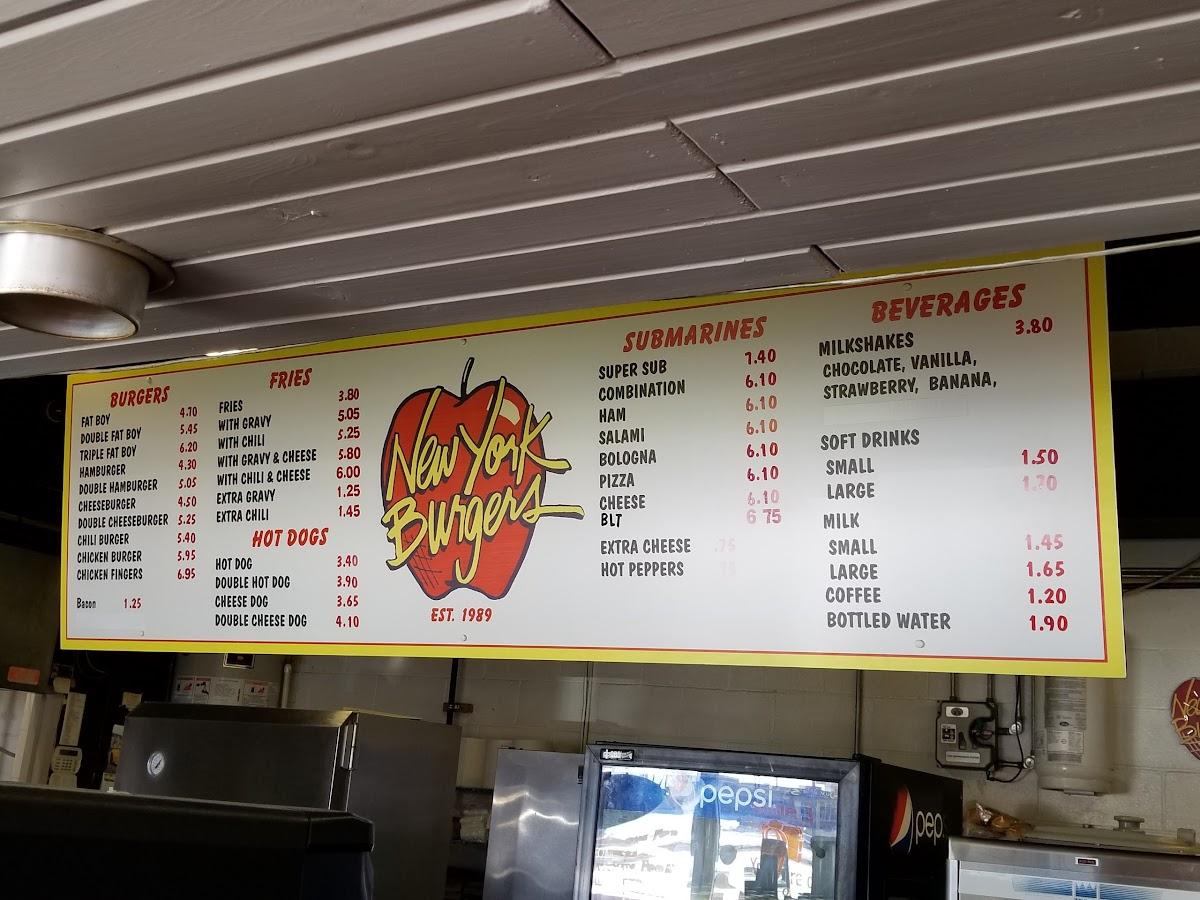Menu at New York Burgers restaurant, Winnipeg
