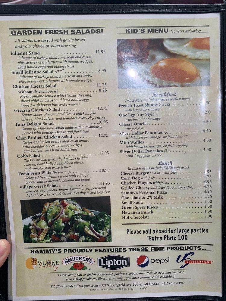 Menu at Sammy's Pancake House restaurant, Champaign