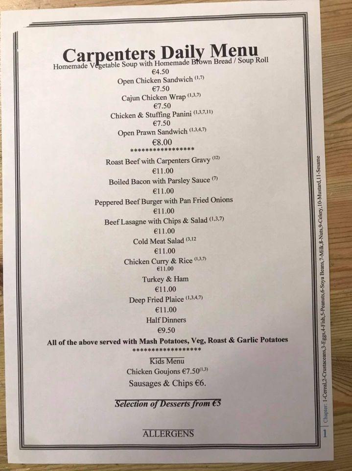 Menu at Carpenters Bar & Lounge, Carlow