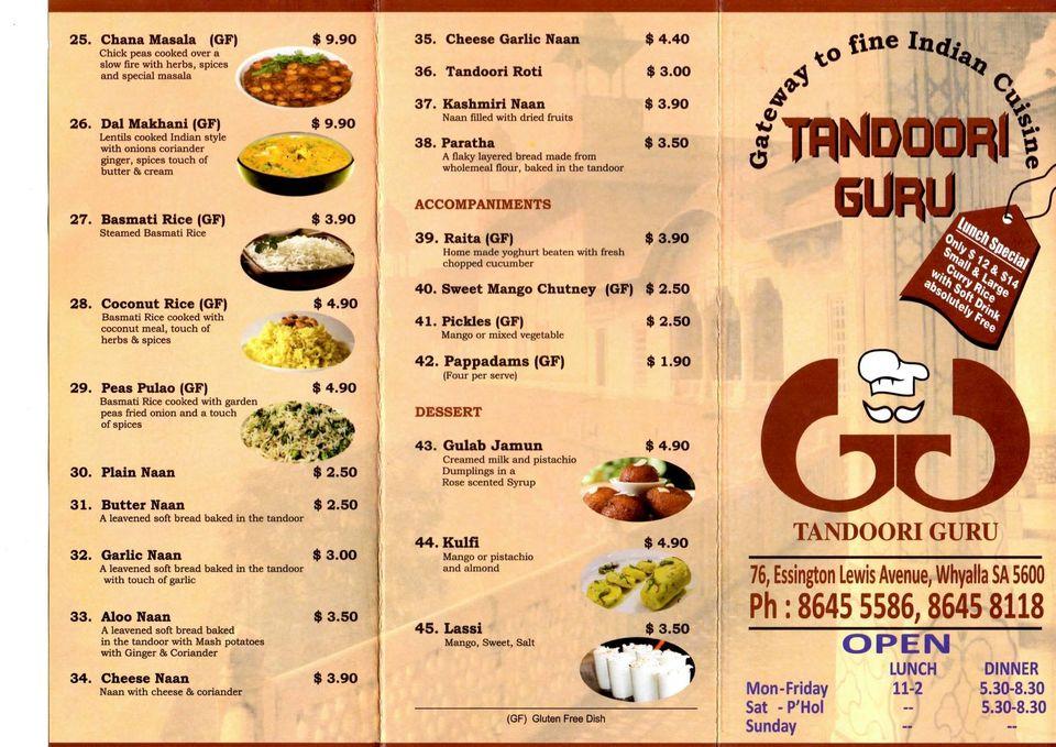 Menu at Tandoori Guru restaurant, Whyalla, 76 Essington Lewis Ave
