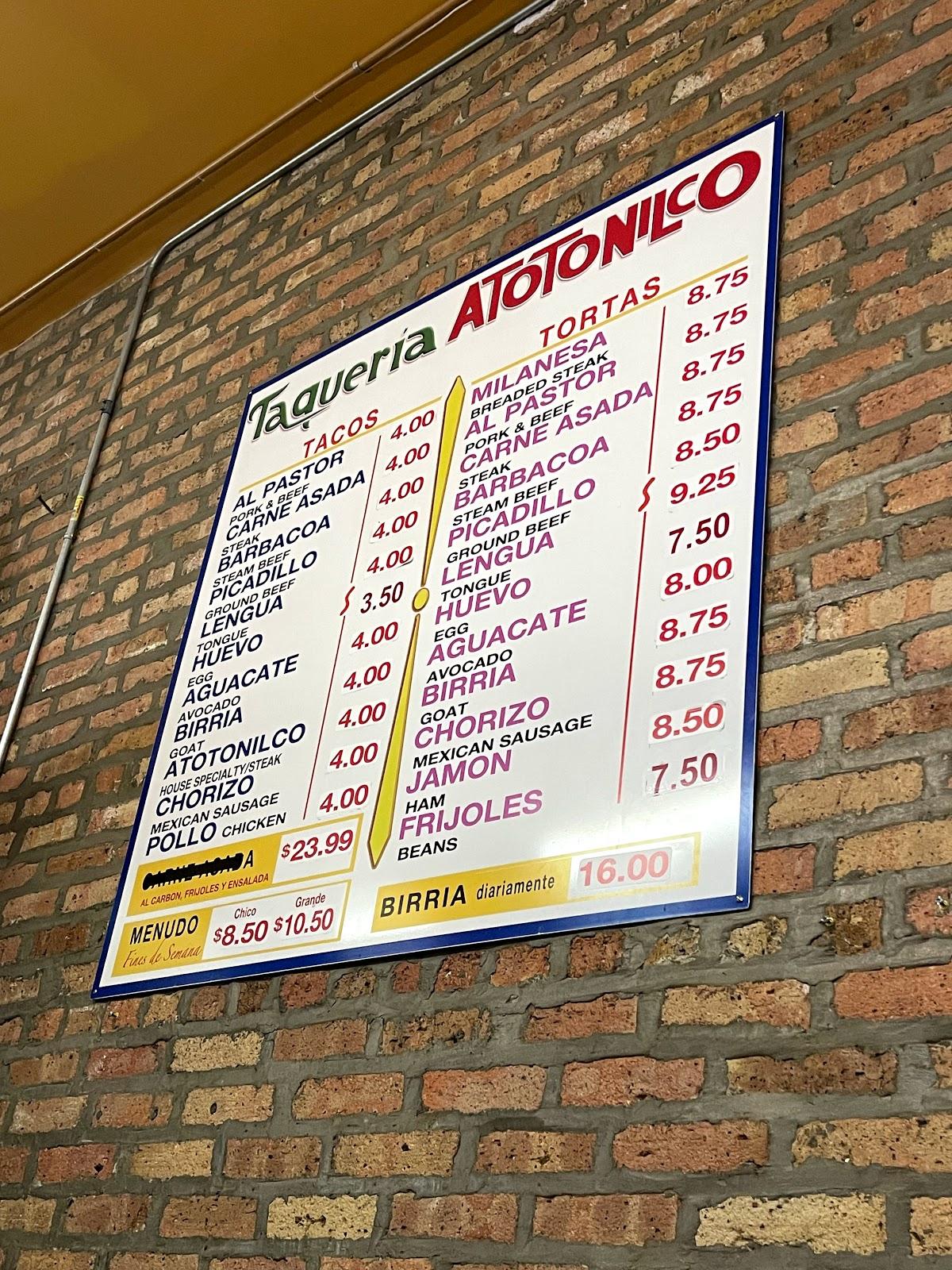 Menu at Tortillería y Taquerías Atotonilco restaurant, Chicago, S Blue