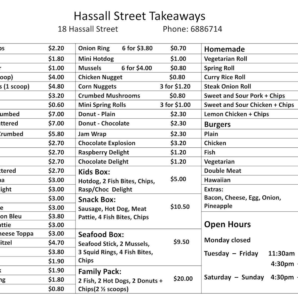 Menu at Hassall Street Takeaways restaurant, Timaru