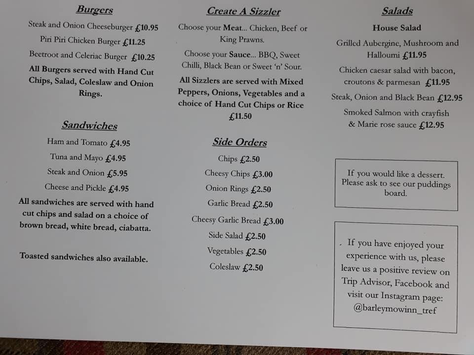Menu at The Barley Mow, Oswestry