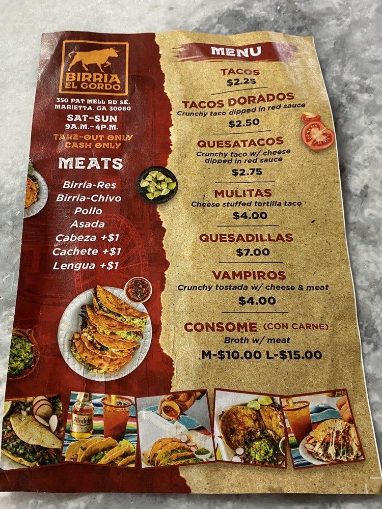 Menu at Birria El Gordo restaurant, Marietta