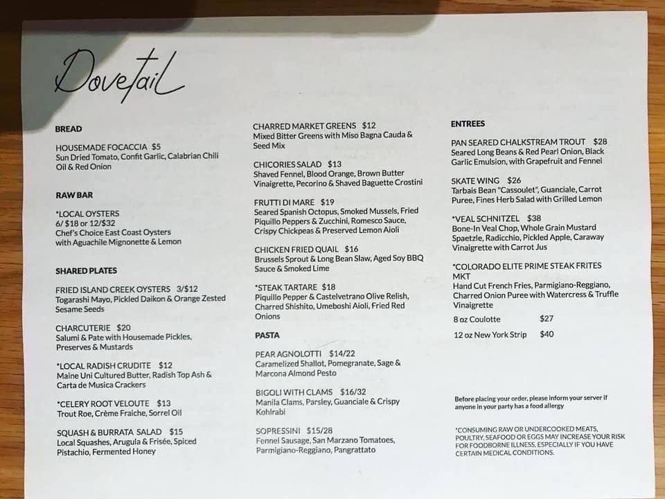 Menu at Dovetail Restaurant, Boston