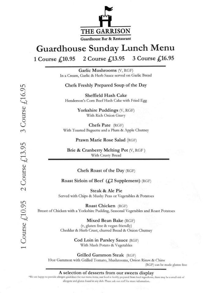 Menu at The Garrison Hotel, Guardhouse Bar and Restaurant, Sheffield