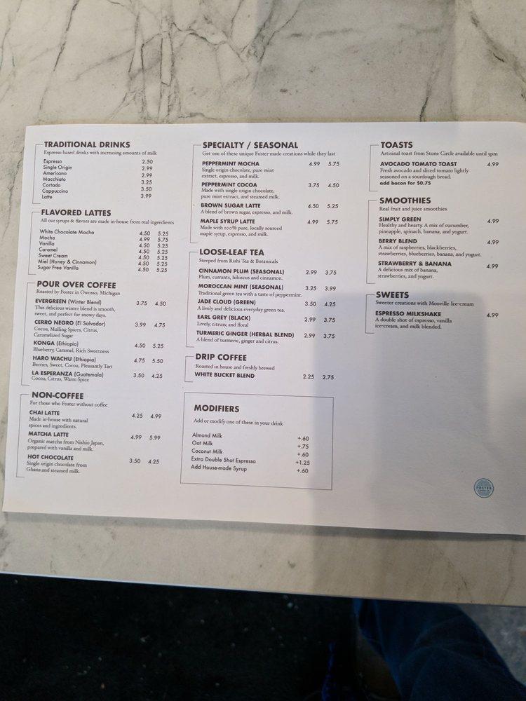 Menu at Foster Coffee Company, East Lansing