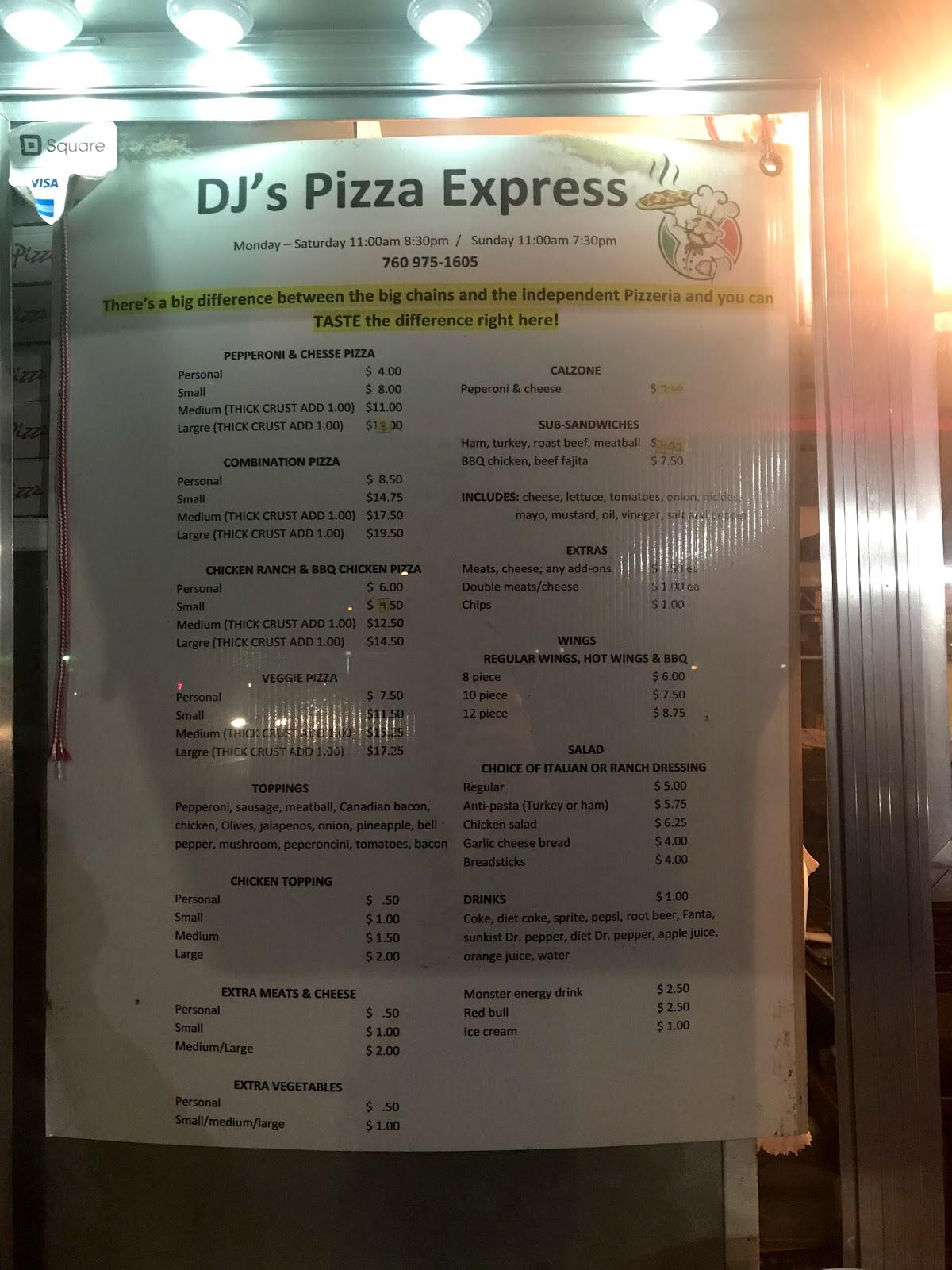 Menu at DJ's Pizza Express pizzeria, Pala
