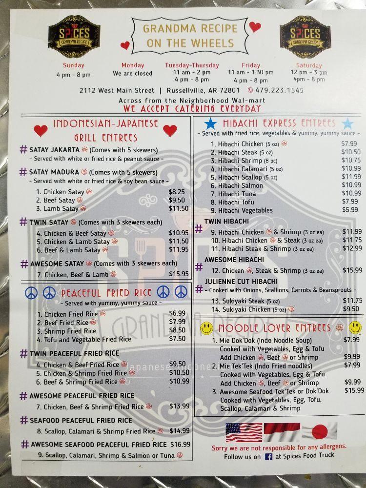 Menu at Spices Garuda Food Truck Japanese Indonesian Grill restaurant, Russellville