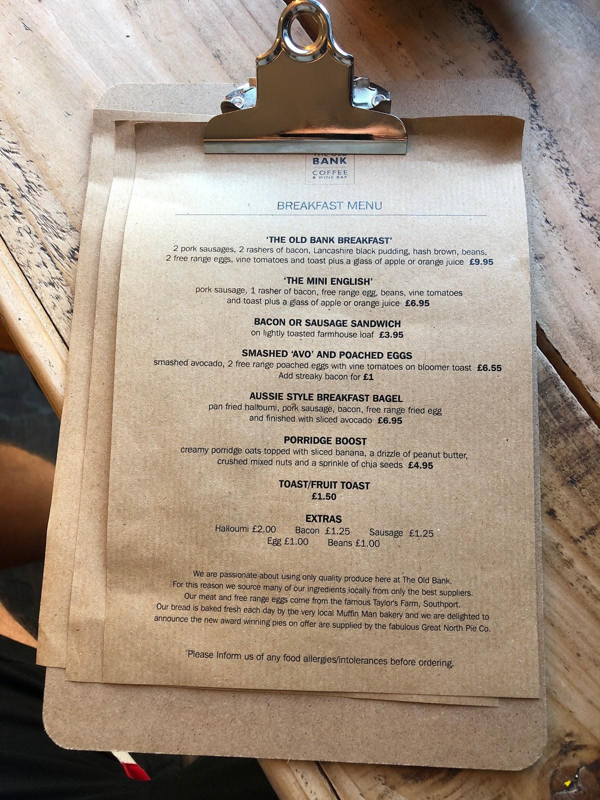 Menu at The Old Bank Coffee & Wine Bar, Wigan