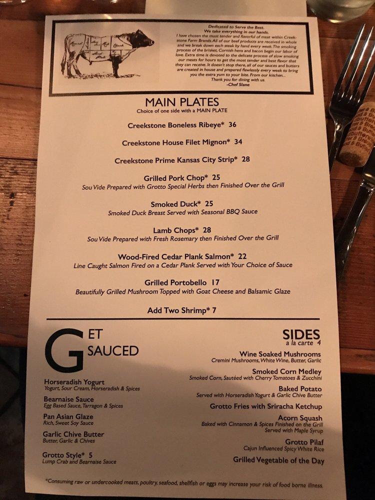 Menu at Grotto WoodFired Grill and Wine Cave pub & bar, Eureka Springs