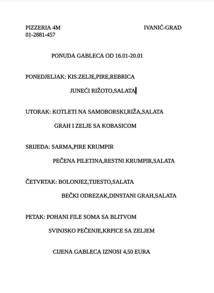 Menu di Pizzeria "4M" 