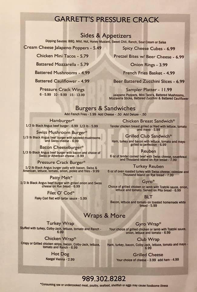 Menu at Garrett’s Pressure Crack Bar & Grill, Houghton Lake