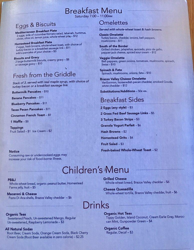 Menu at Cafe Homestead, Waco, 608 Dry Creek Rd