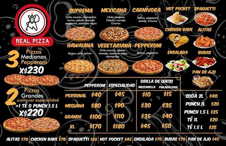 Menu at Real pizza restaurant, Mexicali